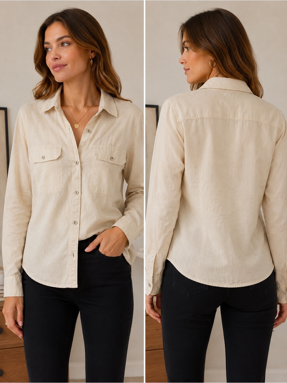 Lauren Ralph Lauren Beige Button Up Coastal Grandma Shirt 100% Cotton Utility S
